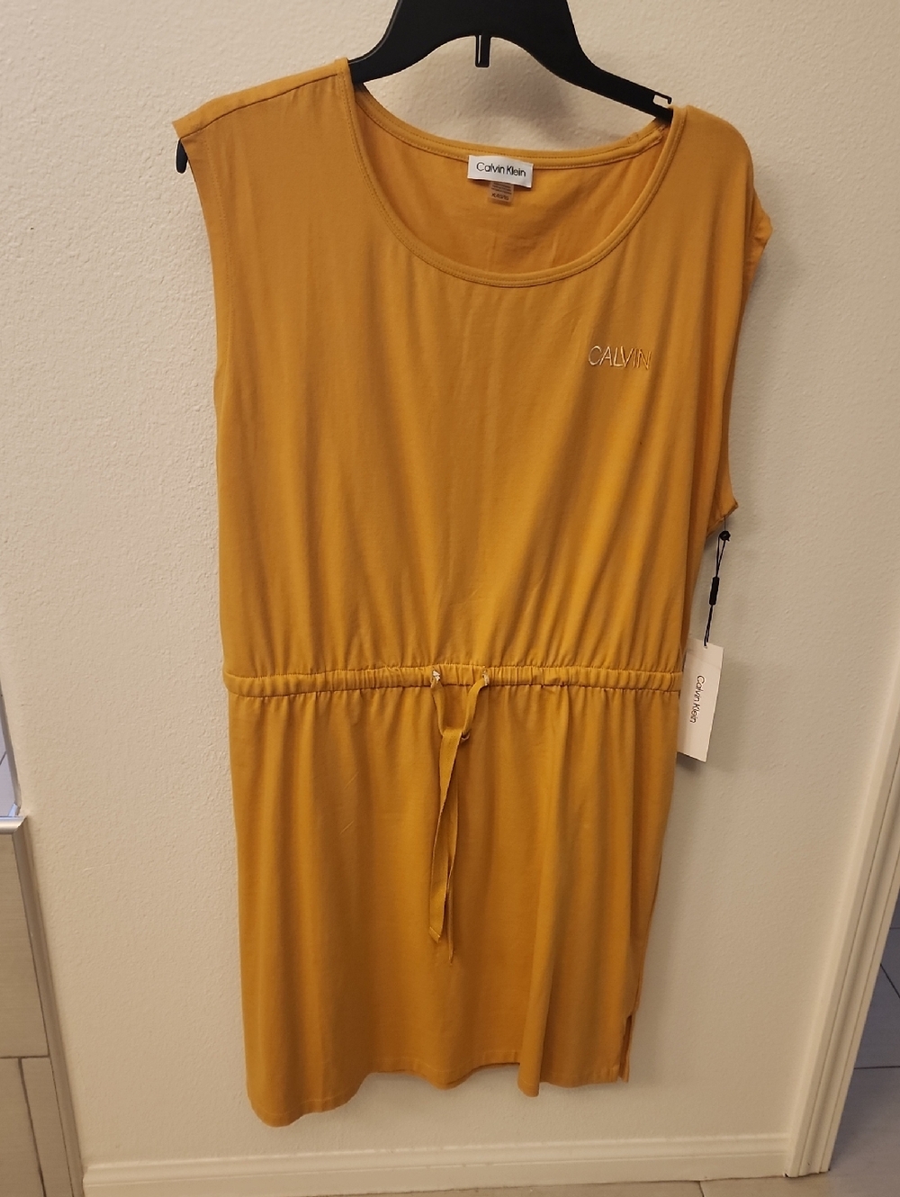 Calvin Klein Mustard Yellow Sleeveless Midi Dress with Drawstring Waist